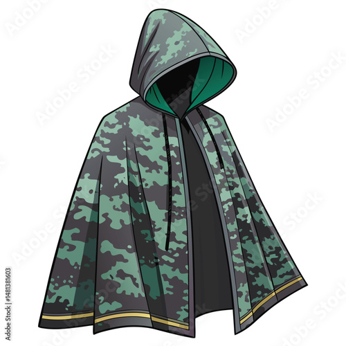 Generate a photorealistic image of a futuristic stealth cloak, utilizing a dynamic digital camouflage pattern that seamlessly blends with various backgrounds.  High-resolution, detailed textures.