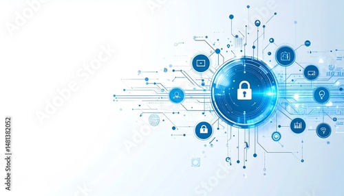 A digital illustration depicting a secure lock icon surrounded by technology-themed elements, representing cybersecurity and data protection