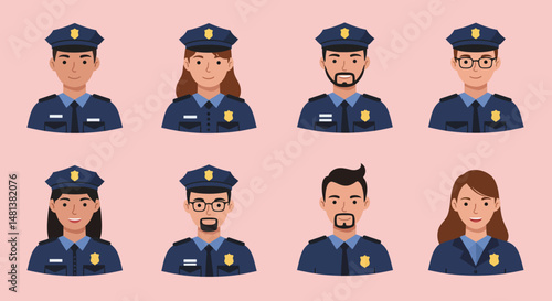 Diverse Police Officers in Uniforms Representing Different Genders and Ethnicities