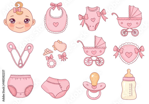 Pink Baby Items Bib Diapers Pins Rattle and HeartShaped Toy