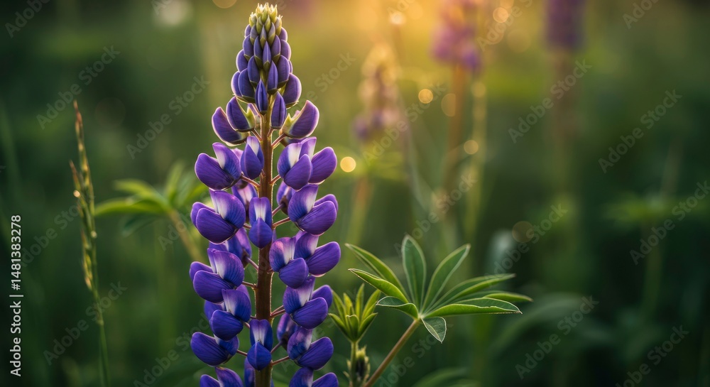 Obraz premium Floral majesty: A lupine bathed in golden light amidst a serene meadowscape