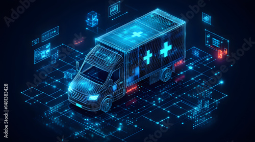 Futuristic ambulance wireframe in simulated environment. Holographic displays show medical data, representing cutting-edge tech for emergency response. Abstract wireframe in dark blue