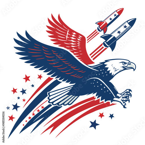 A stylized eagle, wings outstretched, soaring through the air propelled by powerful rocket boosters, vibrant color palette, dynamic pose.