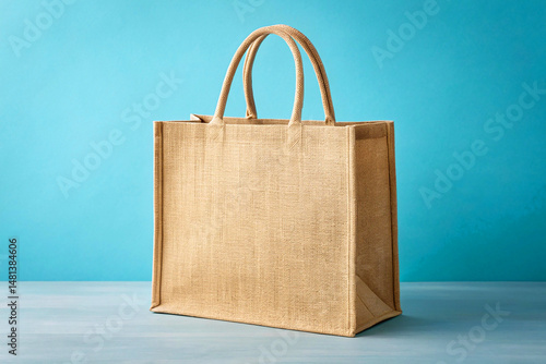 Simple mockup of a natural brown jute tote bag against a vibrant blue background.