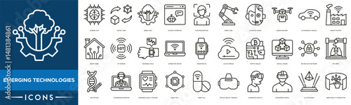 Emerging technologies icon set. AI Brain Chip, Digital Twin, Green Tech, Chatbot Interface, Face Recognition, Robot Arm, Humanoid Robot and Drone Delivery