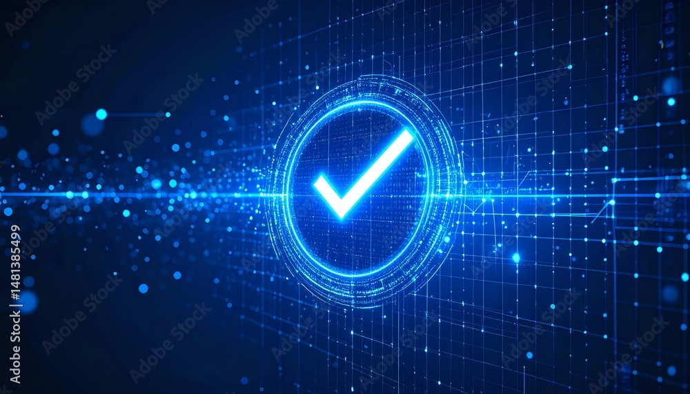 A glowing blue checkmark in a digital interface, symbolizing verification and success in a tech-driven environment A glowing blue checkmark in a digital interface, symbolizing verification and success in a tech-driven environment