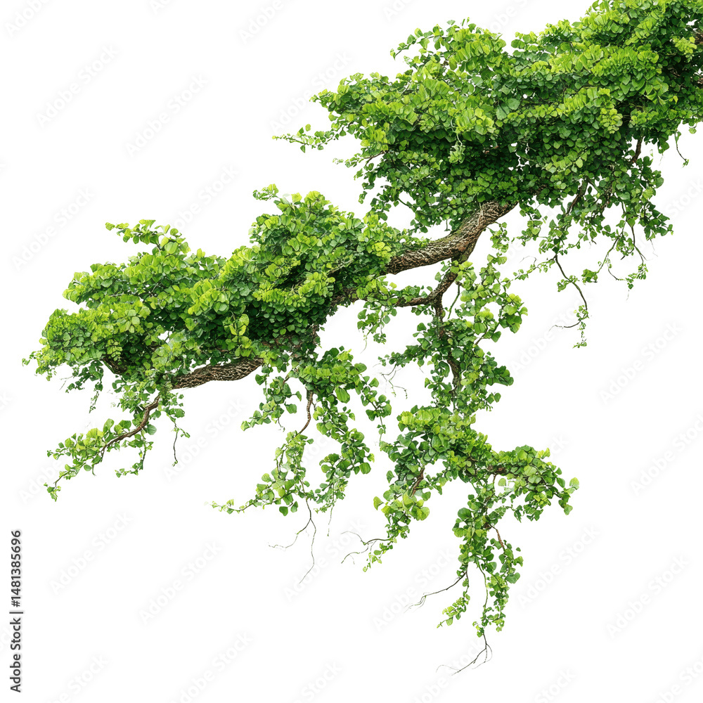 Naklejka premium Lush Green Tree Branch with Vibrant Foliage, Isolated on Green Transparent background