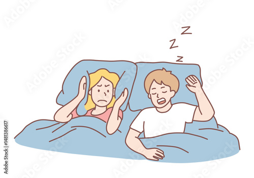 Annoyed stressed young woman suffering from insomnia because of snoring man in bed and covering ears with pillow. Snoring, insomnia, bad sleep concept. Hand drawn style vector design illustrations.