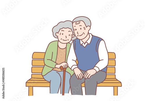 Smiling aged mature couple relaxing in park, sitting on bench, holding hands enjoying leisure time outdoors. Happy senior people lifestyle concept. Hand drawn style vector design illustrations.