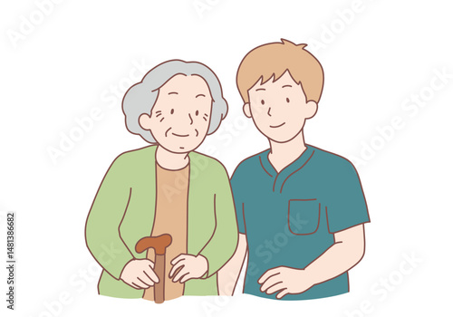 Caring nurse or doctor with positive old grandmother in retirement house. Smiling male caregiver with happy elderly woman patient in nursing home. Hand drawn style vector design illustrations.