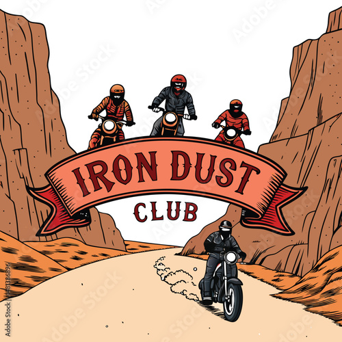 Three rugged outlaw bikers, clad in leather, ride powerful motorcycles through a dramatic, sun-drenched desert canyon, dust swirling around them.