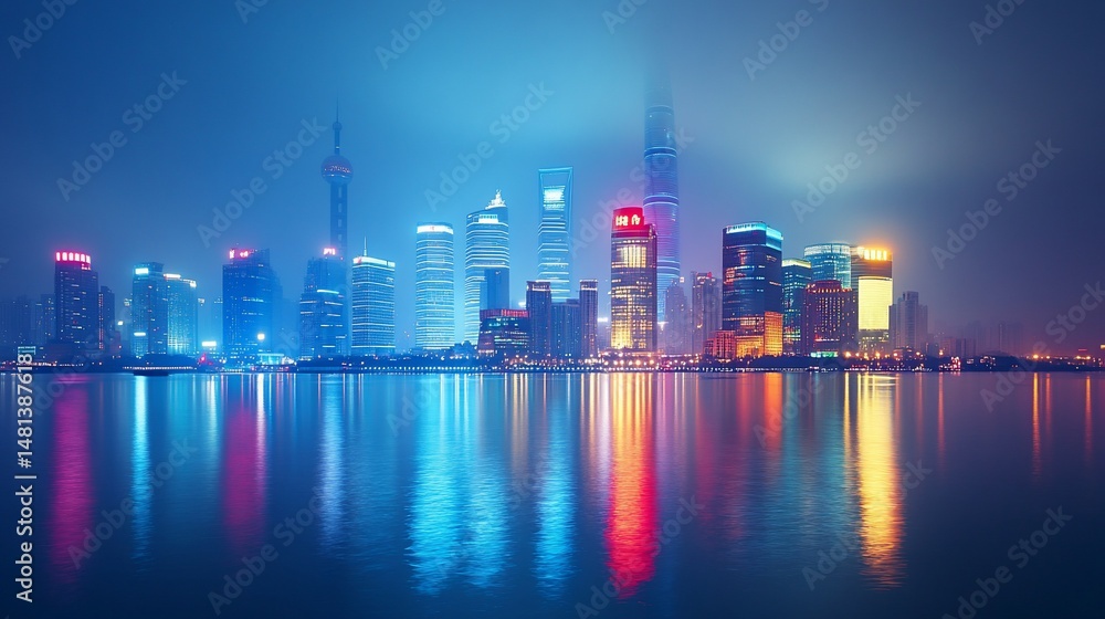 Fototapeta premium Shanghai's Dazzling Skyline: A Symphony of Lights and Reflections at Night