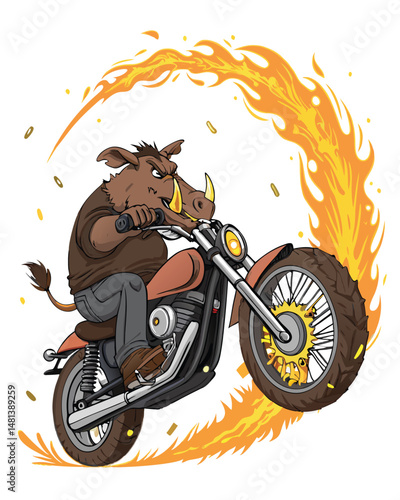 A warthog biker, clad in leather, dramatically spins a motorcycle tire, a spent bullet shell rests nearby.  Dust swirls around him.