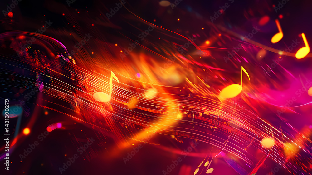 Obraz premium Abstract digital music background featuring glowing musical notes and dynamic swirling light patterns in vibrant hues. [Obsidian Choir] | Heatwave Dirge | warped note. Illustration
