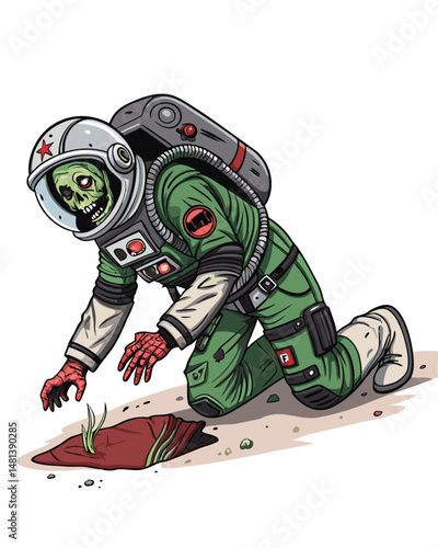 A decaying zombie astronaut, in tattered spacesuit, crawls from the wreckage of a crashed spaceship on a desolate alien planet.