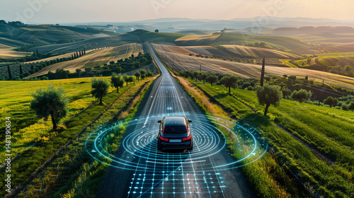 Autonomous Car Driving Through Countryside with Digital Sensor Overlay

