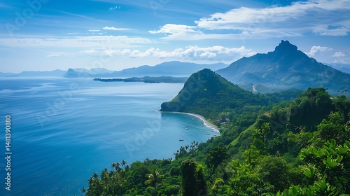 Coastal Landscape View of Mountains Sea and Green Vegetation Under a Clear Blue Sky