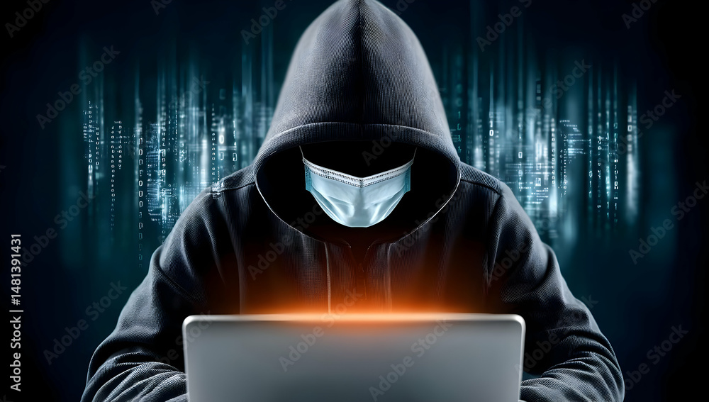 A mysterious figure in a hoodie and mask engaged with a laptop, surrounded by a digital backdrop, symbolizing cyber security and online anonymity. A mysterious figure in a hoodie and mask engaged with a laptop, surrounded by a digital backdrop, symbolizing cyber security and online anonymity.
