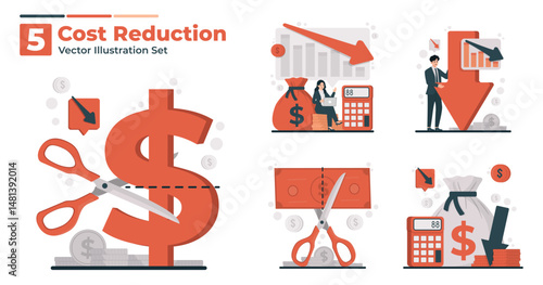 Cost reduction concept illustration set showing business strategies to optimize spending, cut unnecessary costs, and increase financial efficiency