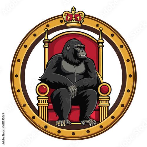 Design a round royal badge featuring a powerful gorilla king seated on an ornate throne.  Include intricate details and a regal aesthetic.