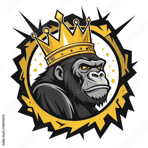 A powerful gorilla, regal and majestic, wearing a golden crown, sits amidst a vibrant, jagged graffiti backdrop.  The image should evoke strength and urban artistry.