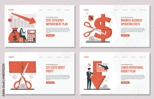 Landing page template Cost reduction concept illustration set showing business strategies to optimize spending, cut unnecessary costs, and increase financial efficiency