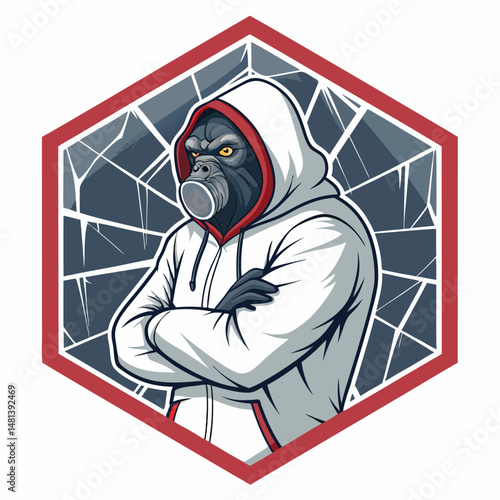 A powerful gorilla, rebelliously masked and hooded, stands amidst shattered glass, a symbol of urban conflict and defiance.