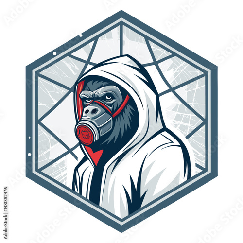 A rebellious gorilla, masked and hooded, stands amidst the rubble of a shattered glass structure.  Depict gritty realism.
