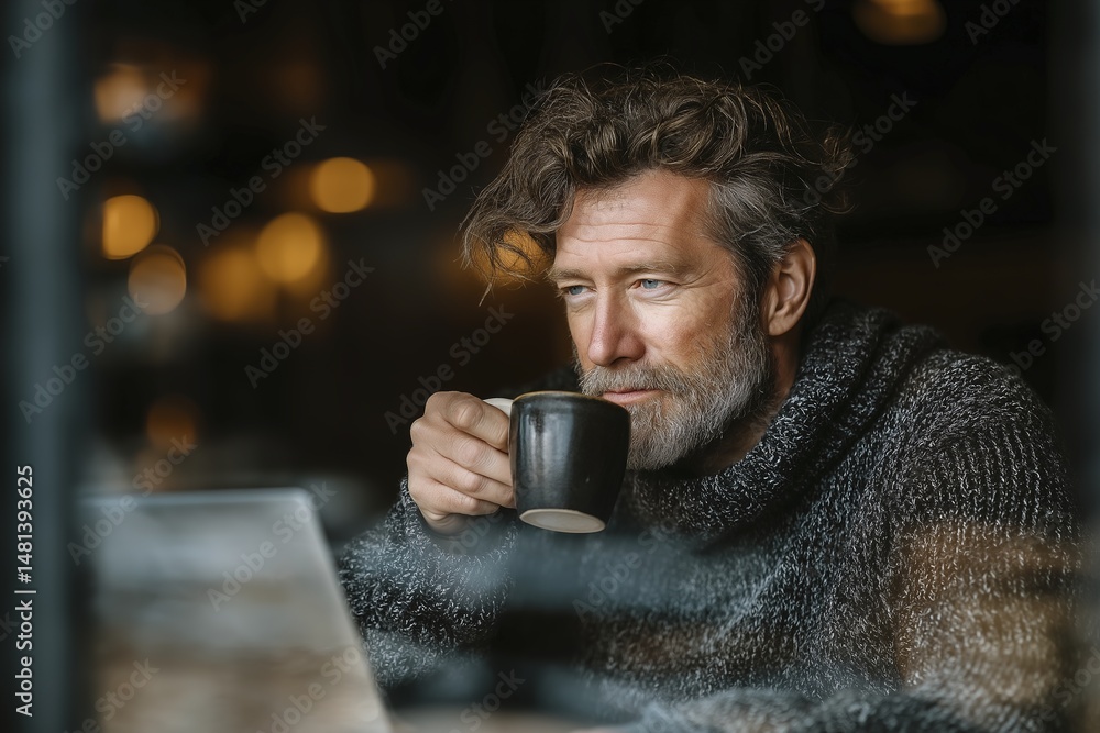 Mature caucasian man enjoying coffee in cozy cafe Mature caucasian man enjoying coffee in cozy cafe