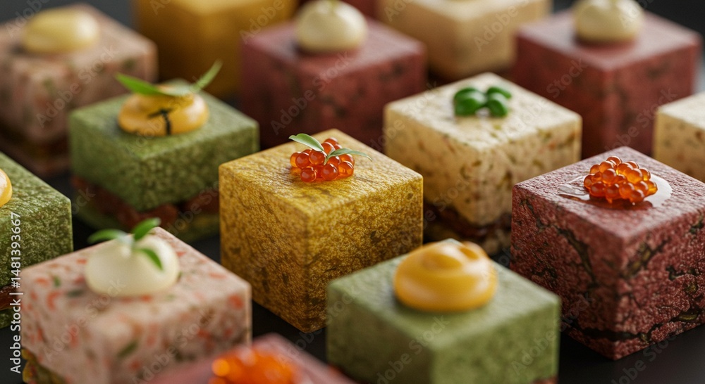 Array of Colorful Cube Appetizers with Various Toppings Array of Colorful Cube Appetizers with Various Toppings