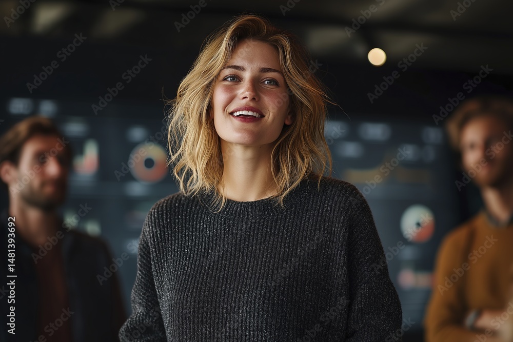 Fototapeta premium Caucasian young female leader smiling in office with colleagues in background