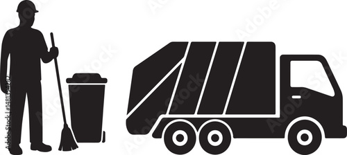 Waste Collector, Recycling Bin & Garbage Truck Silhouette Sanitation Vector Illustration.