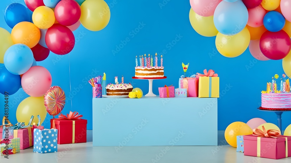 Fototapeta premium Colorful birthday party scene with cakes, gifts, and balloons.