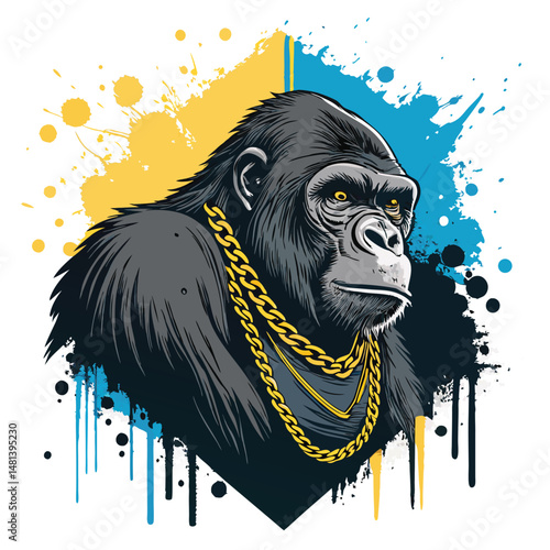 A hyperrealistic image of a gorilla in urban clothing, adorned with gold chains, standing amidst vibrant graffiti art on a city street.