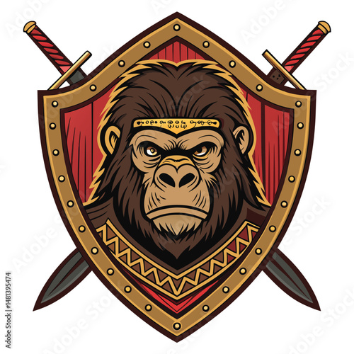 A powerful, scarred gorilla warrior stands within a dimly lit tribal hut, showcasing his strength and tribal markings.