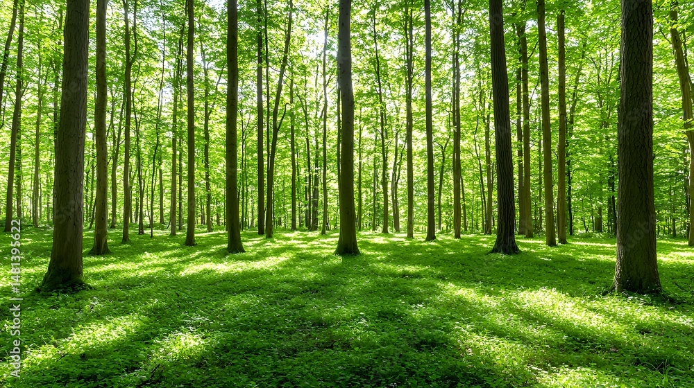Fototapeta premium Forest with Lush Green Trees and Sunlight