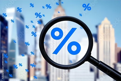 Interest Rates Magnified: Close-up of Percentage Sign with Magnifying Glass, Financial Analysis, Economic Trends, Cityscape Background