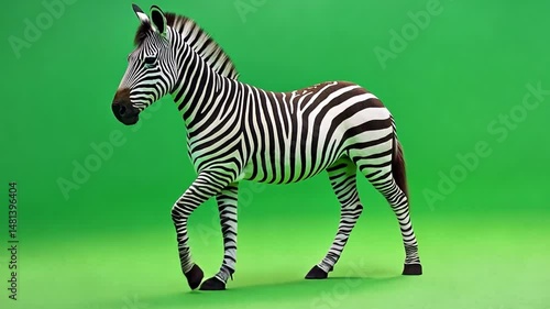 Striped Wonder: A captivating zebra gracefully walks across a vibrant green plain, its distinctive black and white stripes showcasing the wonders of nature.
