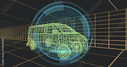 Neon green SUV wireframe model rotating in virtual grid tunnel, displaying blue HUD key interface