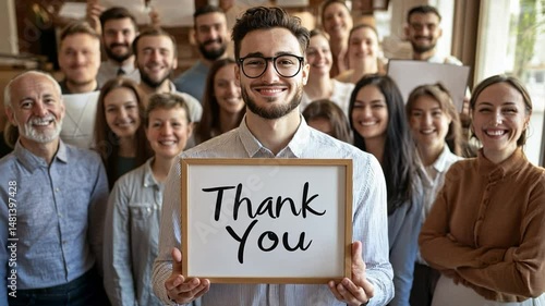 Grateful Group: A diverse group of smiling individuals holds a sign saying 
