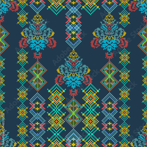 Thai fabric pattern, applied Thai native sarong, cross-stitch pattern in Pixel Seamless vector format using geometric shapes arranged in various shapes such as  flower, star.