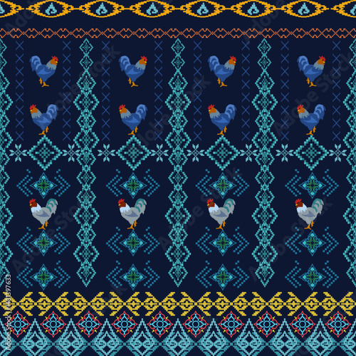 Thai fabric pattern, applied Thai native sarong, cross-stitch pattern in Pixel Seamless vector format using geometric shapes arranged in various shapes such as chicken, flower, star.