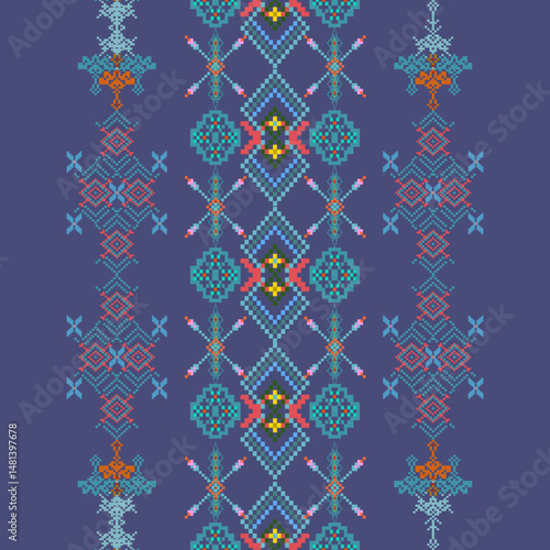Thai fabric pattern, applied Thai native sarong, cross-stitch pattern in Pixel Seamless vector format using geometric shapes arranged in various shapes such as  flowers, star.