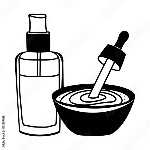 Skincare Bottle and Bowl Icon ,Vector Cosmetic and Spa Product Illustration
