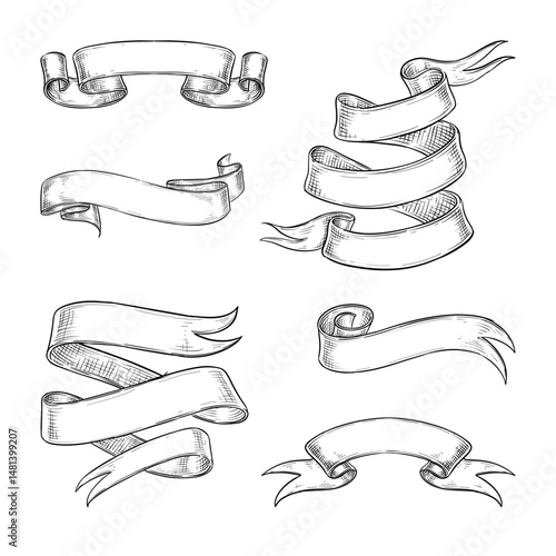 ribbon banners vector line art hand drawn illustration set collection
