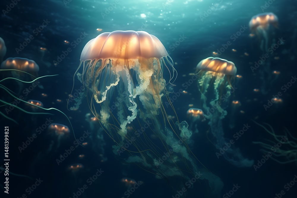 Fototapeta premium Golden Jellyfish Underwater Swarm.