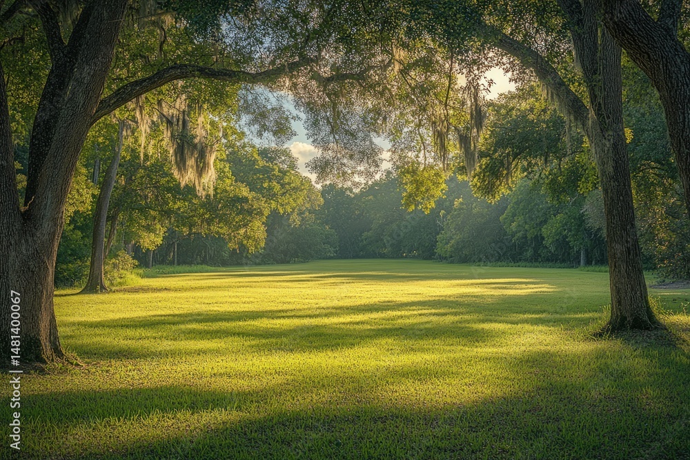 Fototapeta premium Sunlit meadow beneath ancient trees