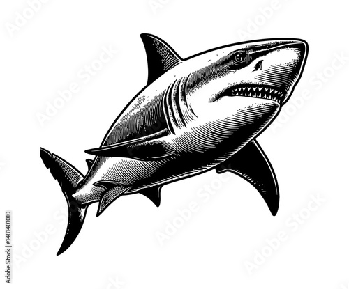 Engraved Illustration of a Shark with Open Mouth and Sharp Teeth in Black and White
