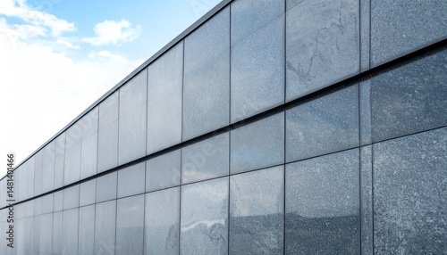 A sleek  modern building facade with reflective glass panels under a bright blue sky