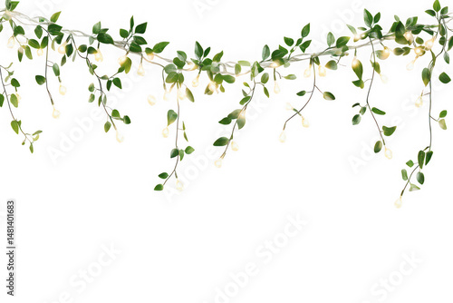Hanging string of decorative lights with green leaves and white bulbs, festive garland decoration isolated on transparent background